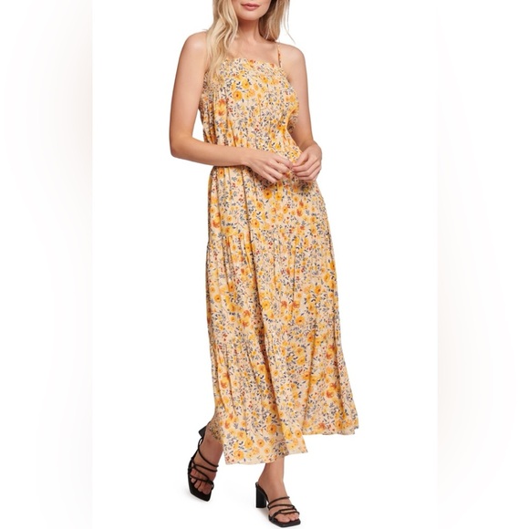 Lost + Wander Orange Yellow Floral Maxi Dress Boho Cottagecore Smocked Tiered L - Picture 2 of 12